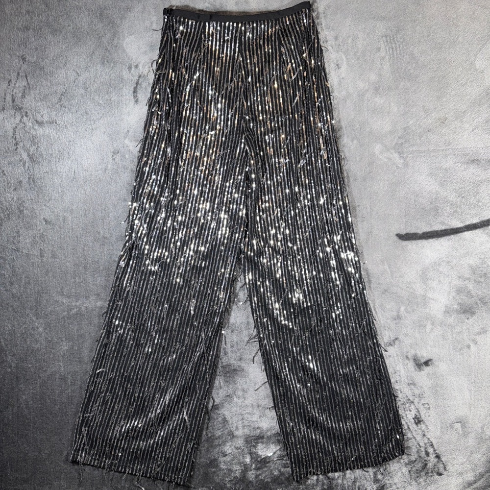 Versona Black Sequin Fringe Wide Leg Pants High Rise Party Trousers Small NEW